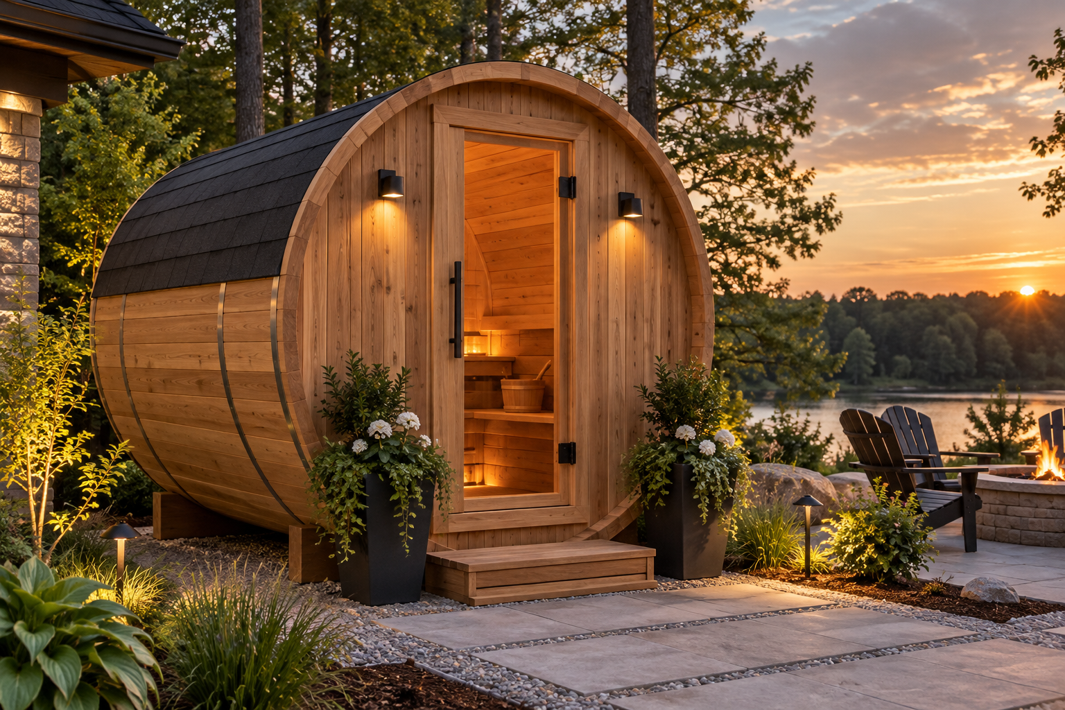 Cedar barrel sauna in a landscaped backyard beside a lake