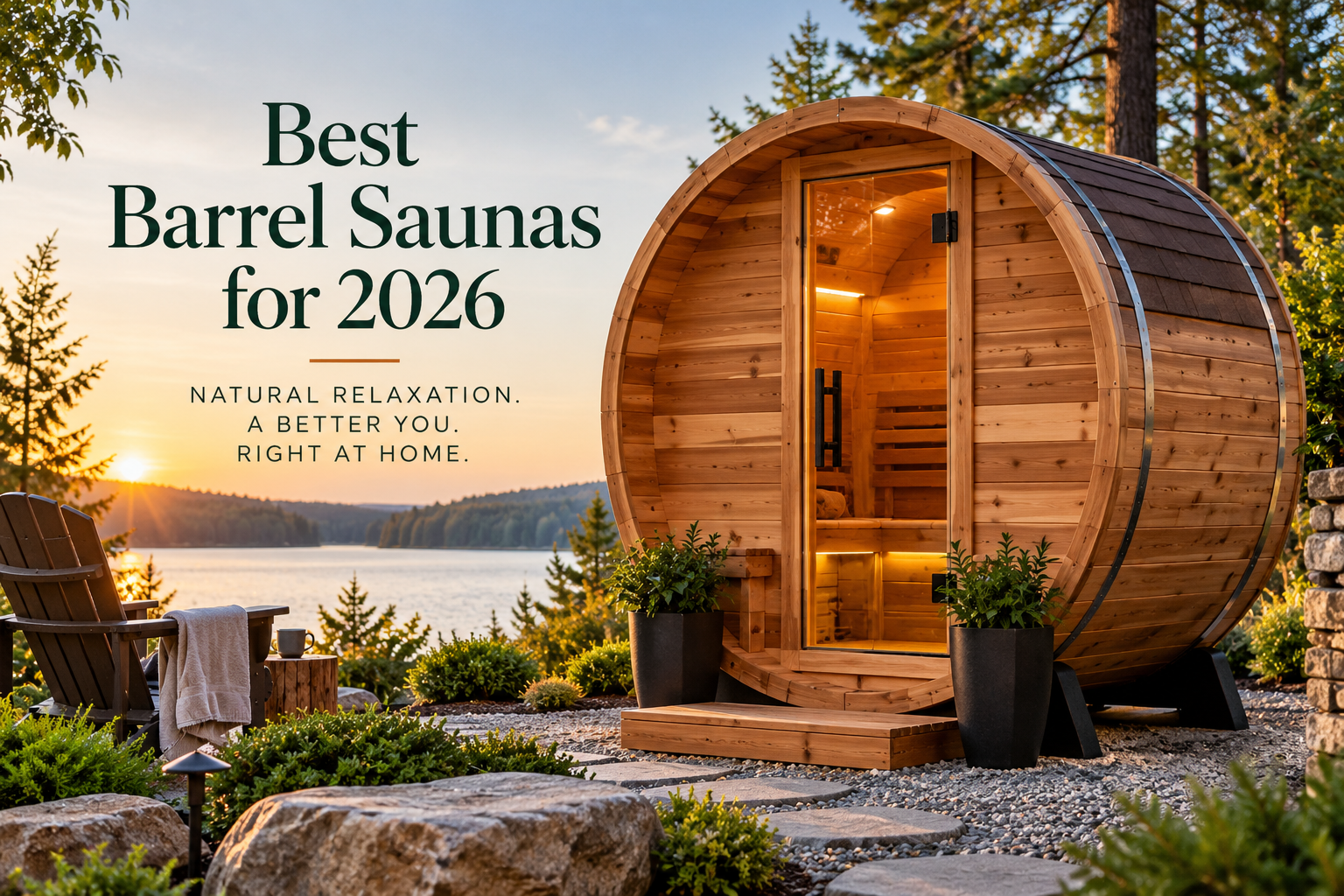 Best barrel saunas for 2026 in a landscaped lakeside backyard