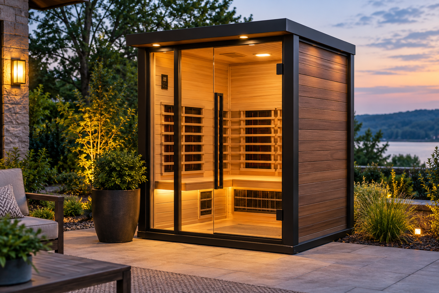 Best outdoor infrared saunas with modern wood exterior and glass front