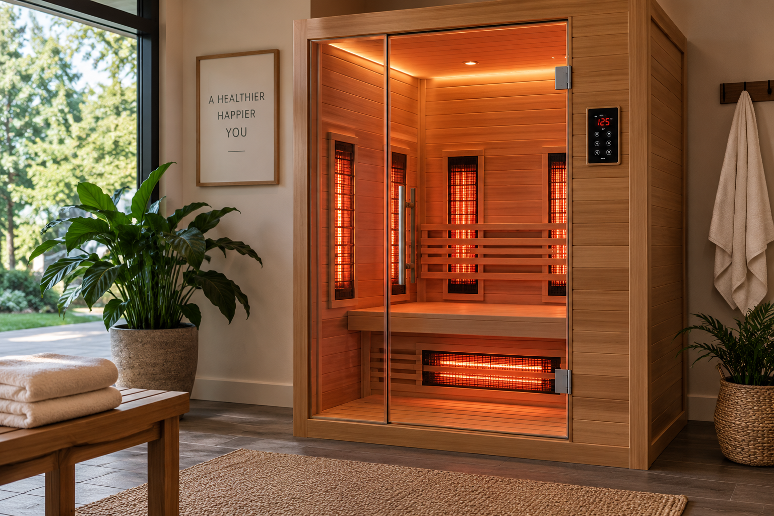 Modern infrared sauna with heating panels for home use