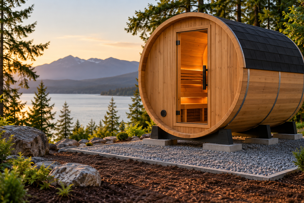Outdoor sauna foundation with gravel base and concrete supports