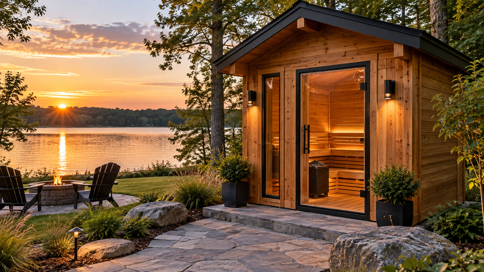 Modern outdoor sauna with cedar siding beside a lake