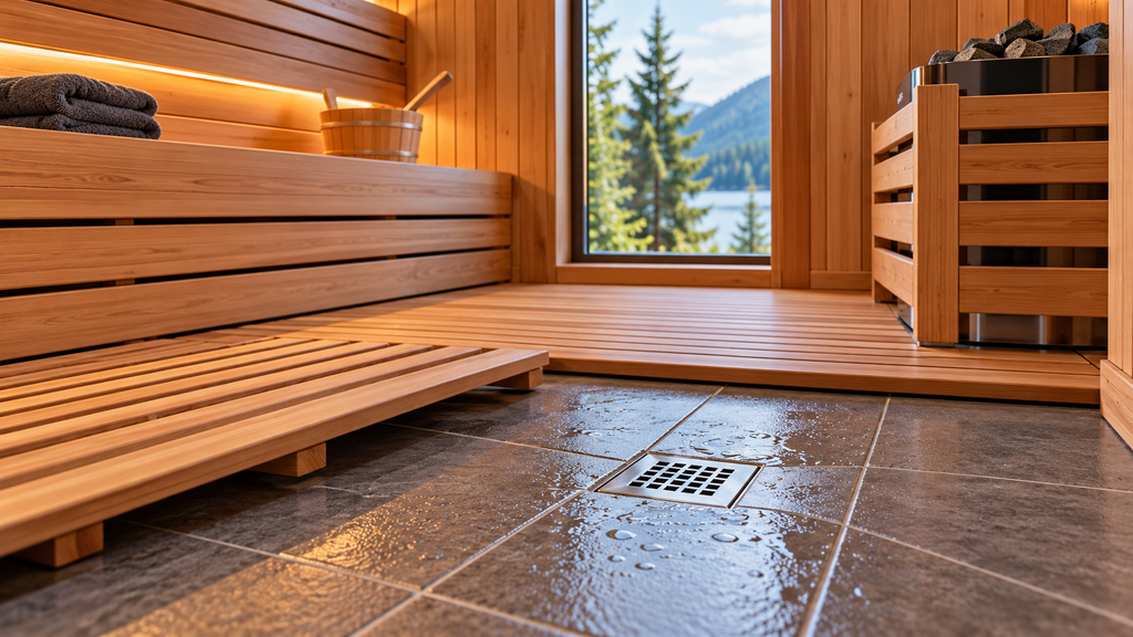 Sauna flooring and drainage with tile floor, floor drain and cedar duckboard