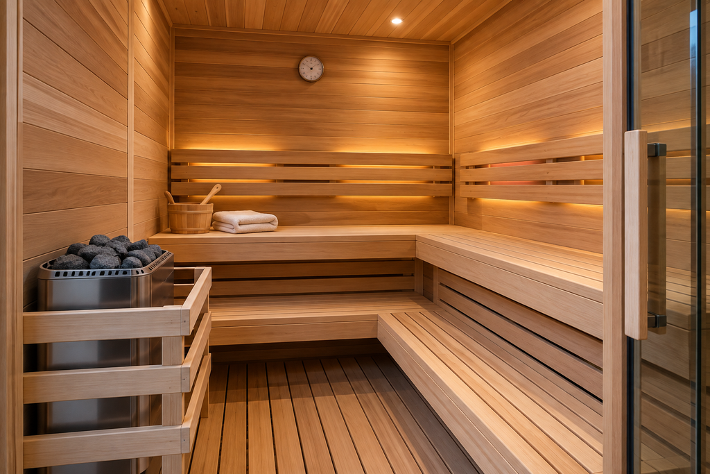 Sauna size guide showing a modern home sauna with cedar benches and electric heater