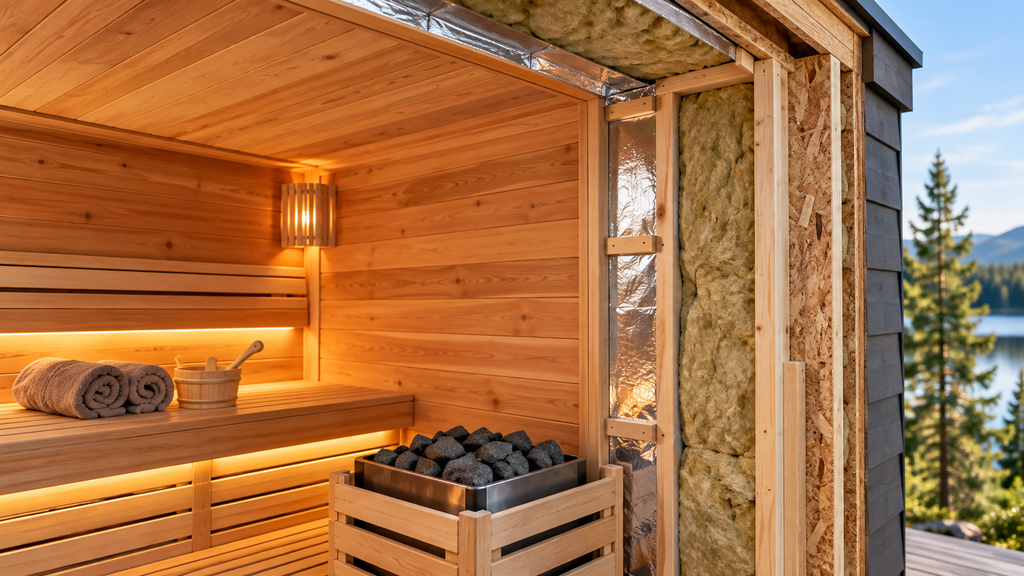 Sauna insulation and aluminum foil vapor barrier behind cedar walls