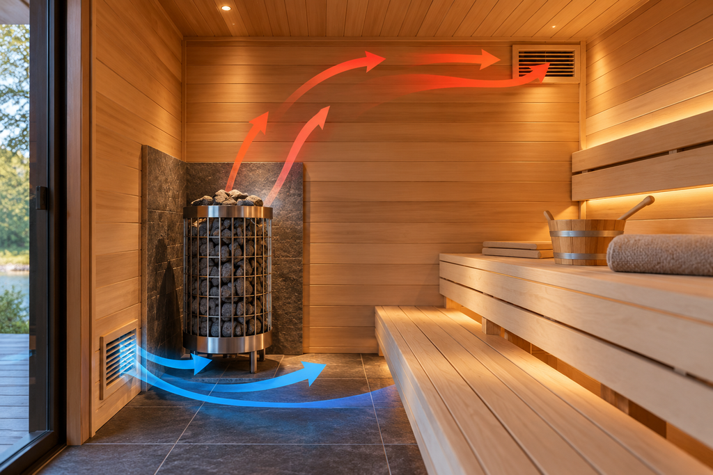 Sauna ventilation showing fresh air intake and exhaust airflow