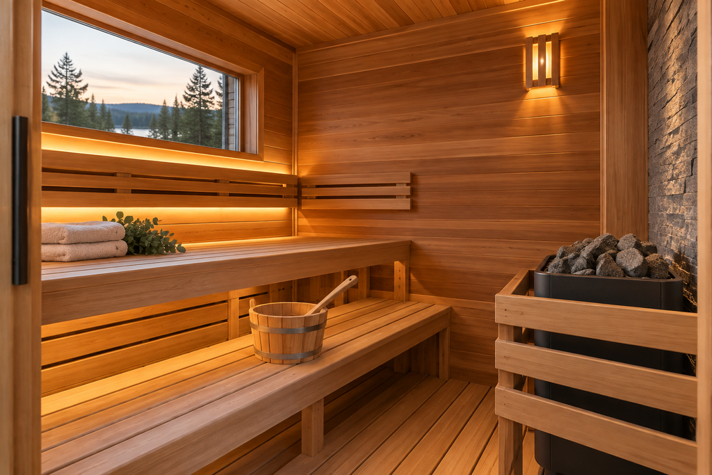 Traditional sauna with wood benches and electric sauna heater