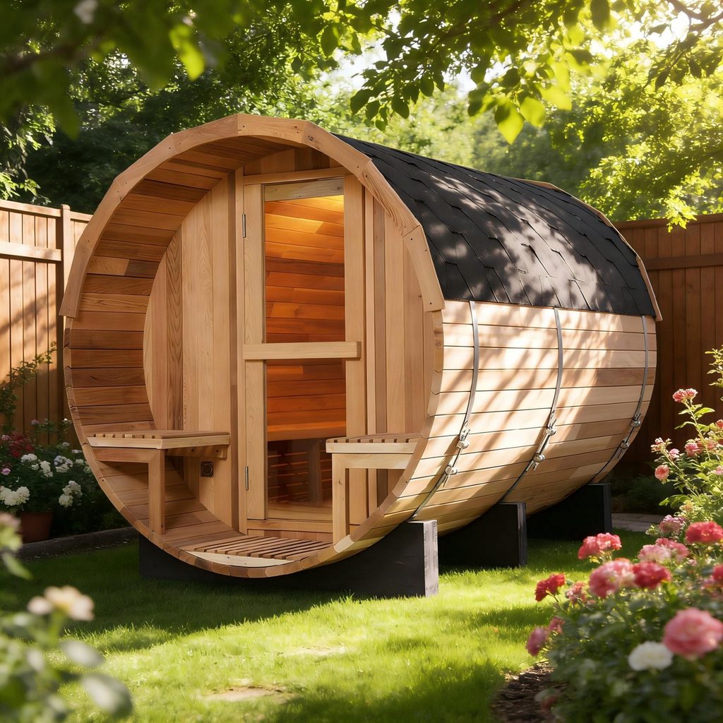 Outdoor barrel home sauna in a backyard