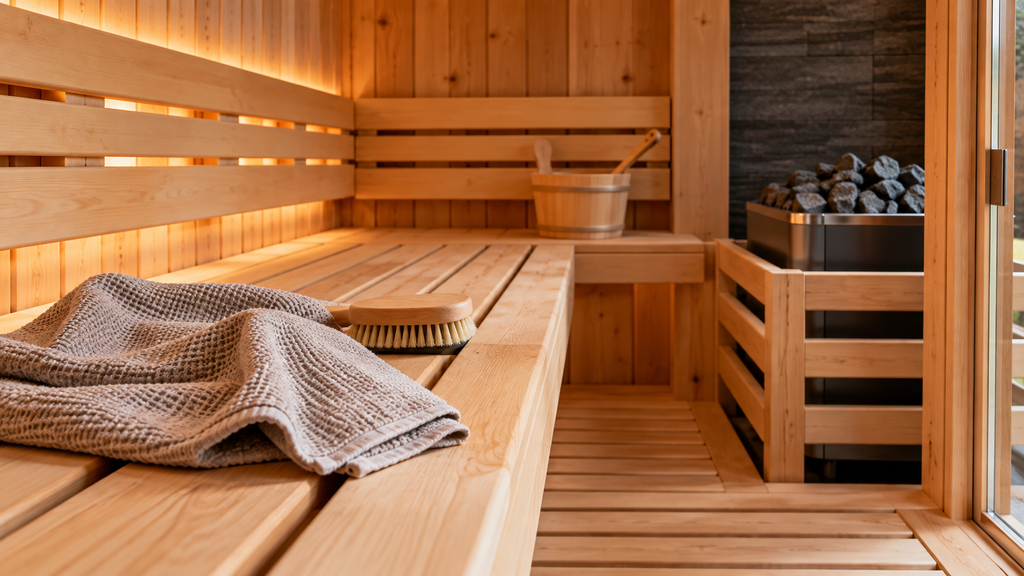 Sauna maintenance and cleaning of wood benches inside a home sauna