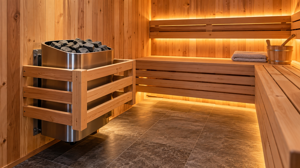 Sauna heater installation showing a wall-mounted electric heater with stones, wooden safety guard and tiered sauna benches